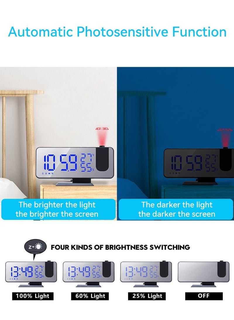 LEOKOR - Digital Projection Alarm Clock with USB Charger Temperature Humidity FM Radio, 7.4 Inch Oversized LED Clock Mirror Surface with Dimming Mode - Image 1