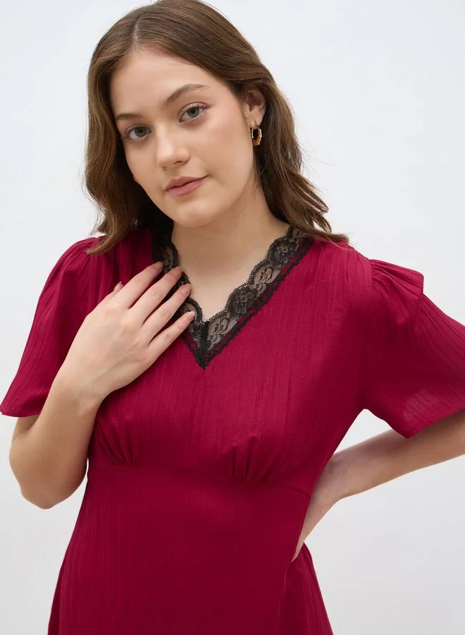 Styli Styli Women Red Lace Insert V Neck A-Line Midi Dress