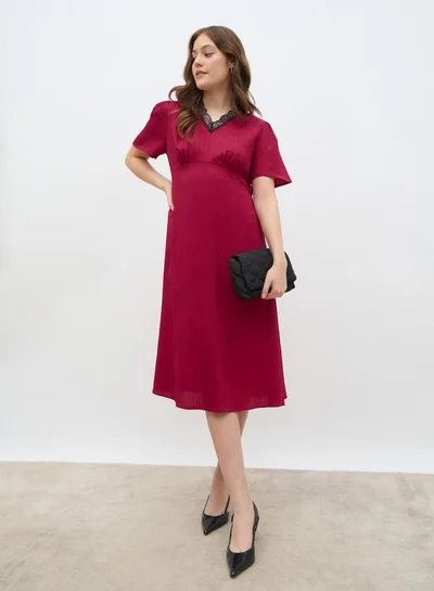 Styli Women Red Lace Insert V Neck A-Line Midi Dress