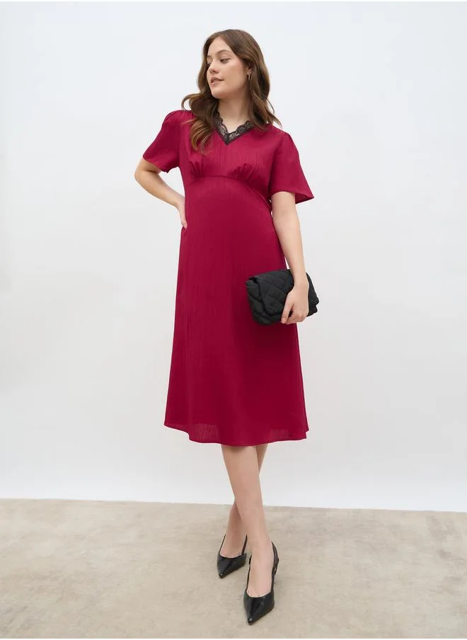 Styli Styli Women Red Lace Insert V Neck A-Line Midi Dress