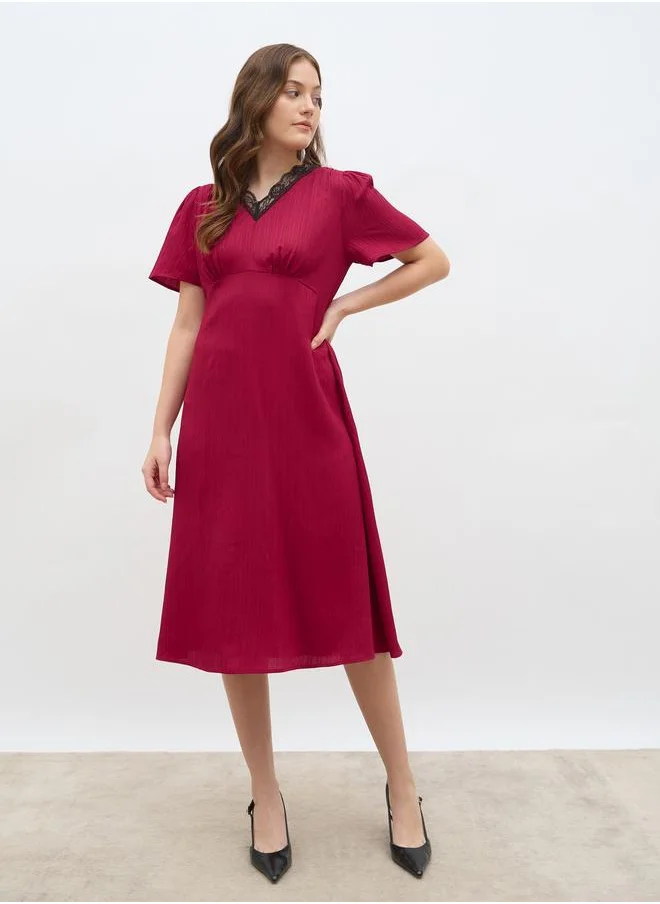 Styli Styli Women Red Lace Insert V Neck A-Line Midi Dress