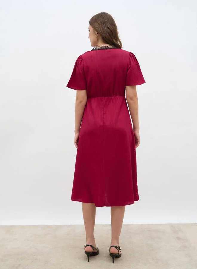 Styli Styli Women Red Lace Insert V Neck A-Line Midi Dress