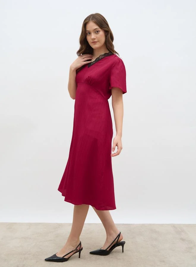 Styli Styli Women Red Lace Insert V Neck A-Line Midi Dress