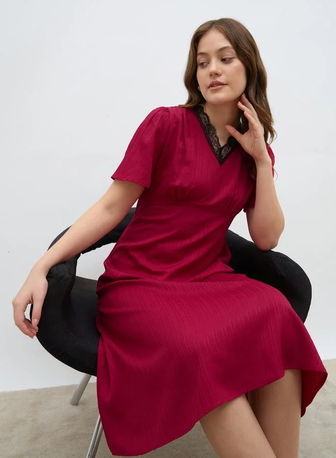 Styli Styli Women Red Lace Insert V Neck A-Line Midi Dress