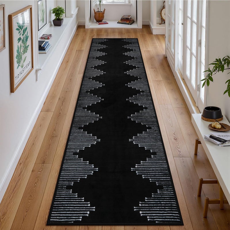 Seavish Hallway Runner Rug 2x8 Black Kitchen Runner Rugs Non Slip Washable Low Pile Soft Modern Geometric Rugs for Entryway Neutral Rugs Non Shedding Western Bohemian Rug for Laundry Bedroom - Image 1