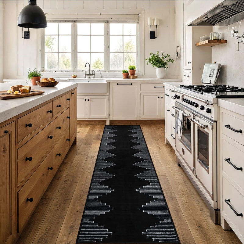 Seavish Hallway Runner Rug 2x8 Black Kitchen Runner Rugs Non Slip Washable Low Pile Soft Modern Geometric Rugs for Entryway Neutral Rugs Non Shedding Western Bohemian Rug for Laundry Bedroom - Image 2