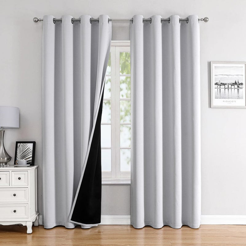 ChrisDowa 100 Blackout Curtains for Bedroom with Black Liner 2 Thick Layers Total Blackout Thermal Insulated Grommet Window Curtains 2 Panels Set Greyish White 52 x 84 Inch