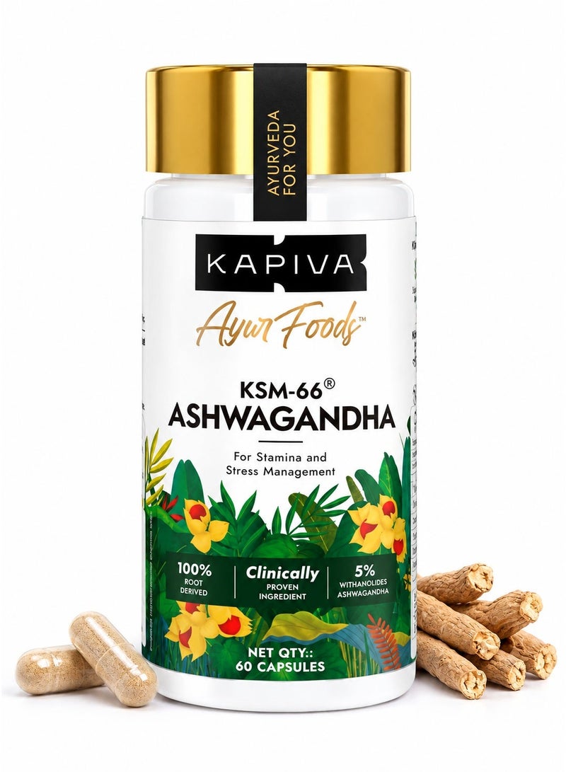 Kapiva KSM-66 Ashwagandha 500mg | Clinically Proven with 5% Withanolides | 100% Root Extract | Supports Cortisol Balance, Strength & Vitality | Natural Stress Relief | 60 Capsules - Image 1
