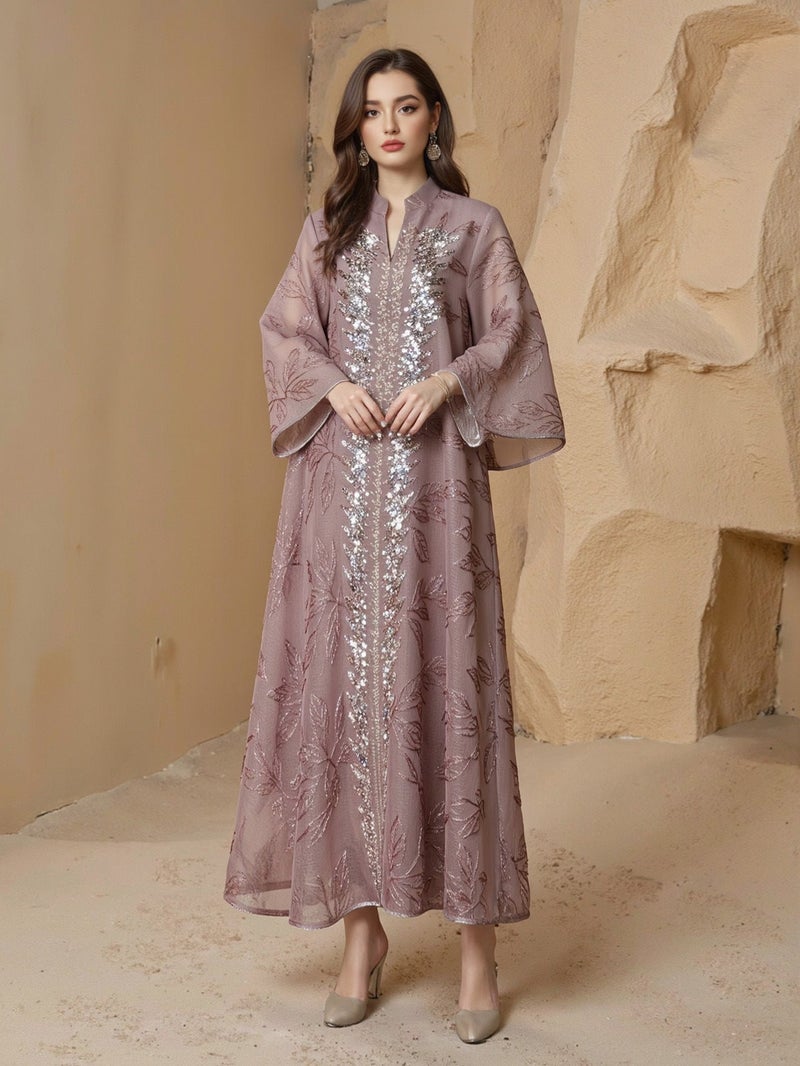 زهرة عباية أنيقة بتطريز أوراق و لمعان للمناسبات - Image 4