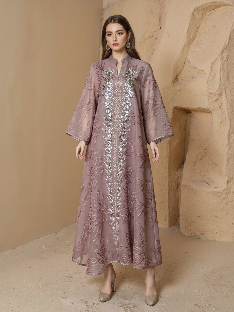 زهرة عباية أنيقة بتطريز أوراق و لمعان للمناسبات - Image 5