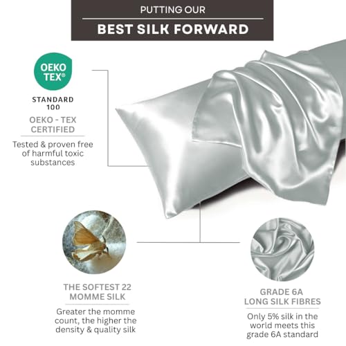 Furbo Mulberry Silk Pillowcase- Pure Mulberry Silk Pillow Cover for Hair and Skin, Anti Acne, Luxury, Light Grey (Pack of 1) - Image 2