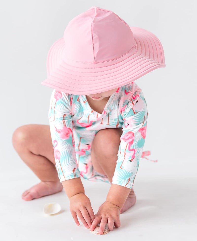 RuffleButts Baby Girls UPF 50+ Sun Protection Tropical Print Long Sleeve One Piece Rash Guard Swimsuit with Zipper - Vibrant Flamingo, 2T - Image 2