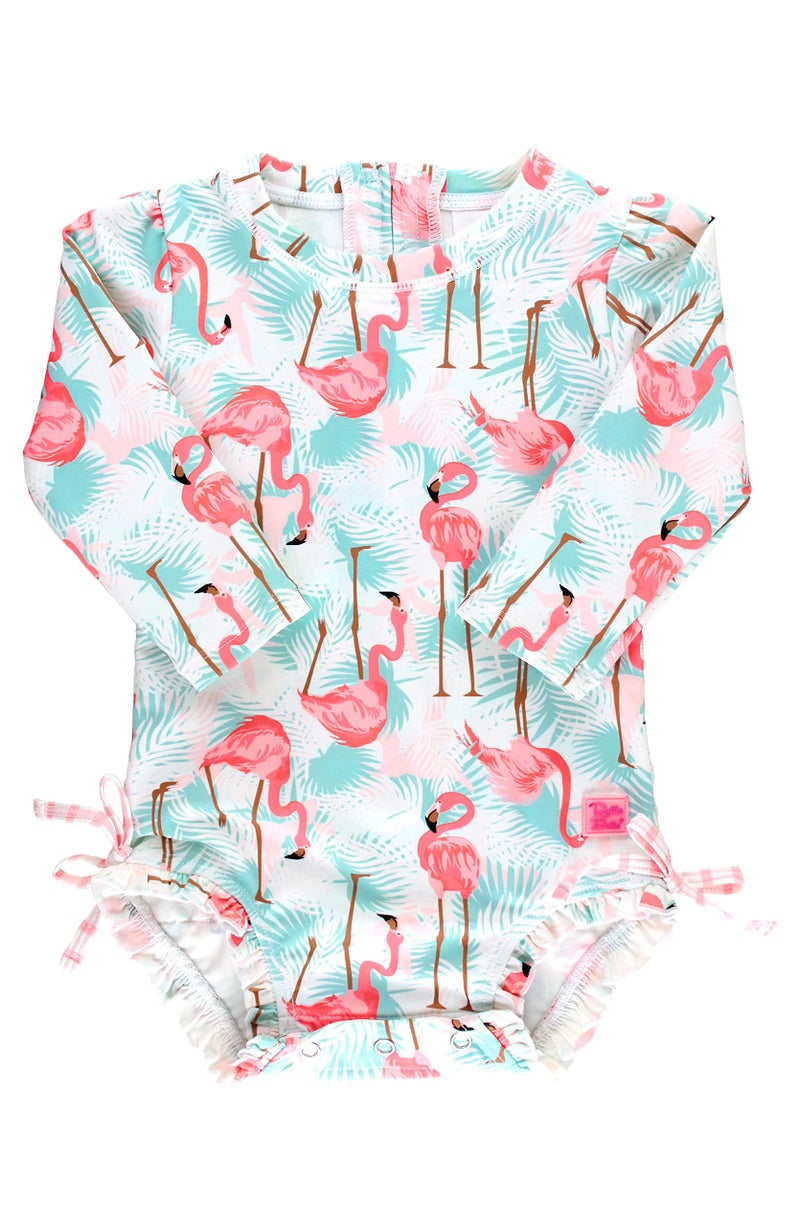 RuffleButts Baby Girls UPF 50+ Sun Protection Tropical Print Long Sleeve One Piece Rash Guard Swimsuit with Zipper - Vibrant Flamingo, 2T - Image 1