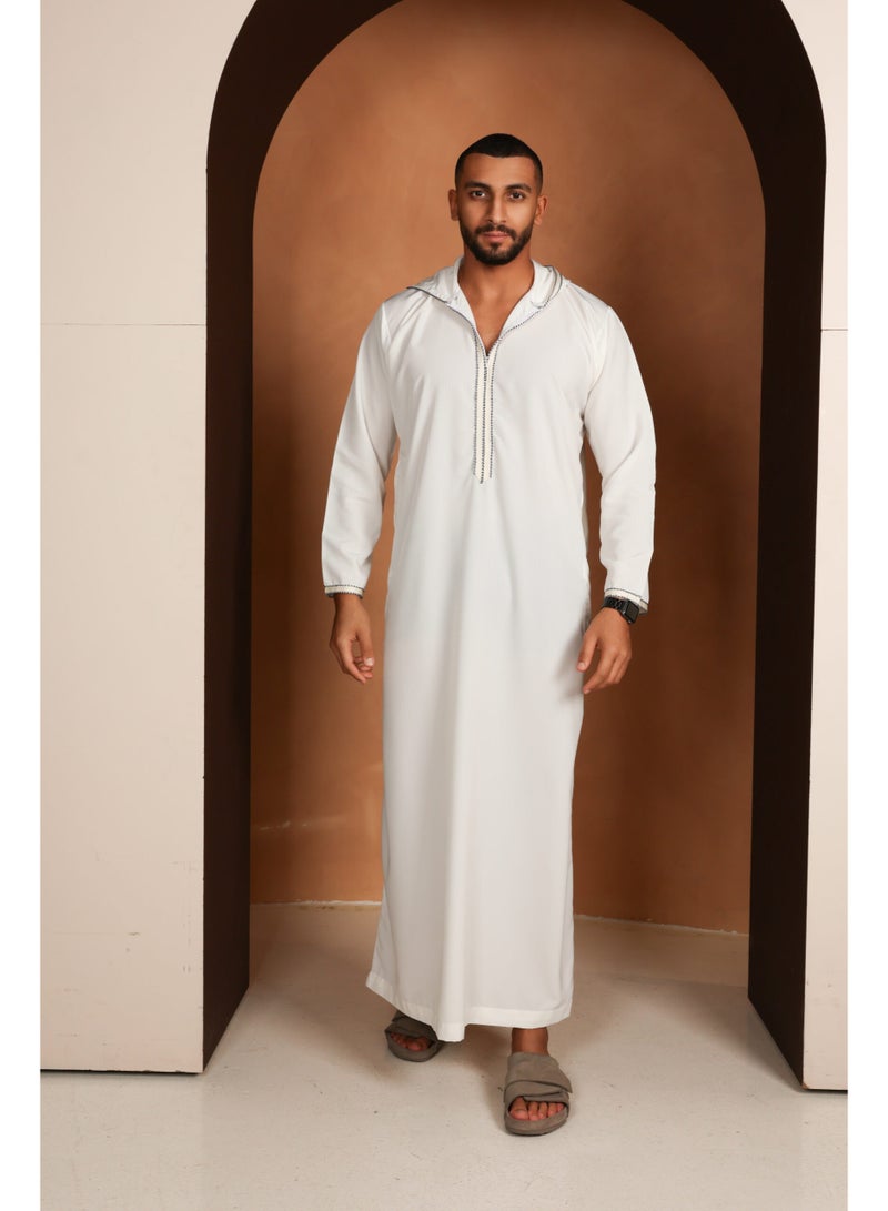 Yigo by Mariam Qamis Bakary – White Hooded Men’s Qamis – Lightweight Zibda Fabric | Classic Omani Design | Mens Thobes  - Image 5