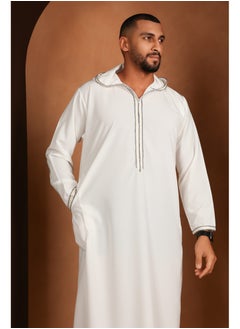 Yigo by Mariam Qamis Bakary – White Hooded Men’s Qamis – Lightweight Zibda Fabric | Classic Omani Design | Mens Thobes  - Image 4