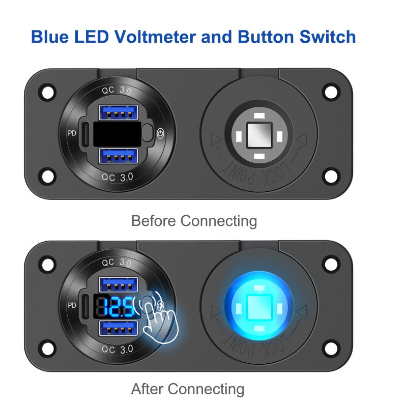 Hapytrip 12V USB Outlet Marine Switch Panel Plug, PD3.0 and Dual QC3.0 USB Ports Aluminum Car Charger with LED Voltmeter Power Switch, Lighted 150W Cigarette Lighter Socket 2 in 1 DIY Kit for Boat RV ATV, etc. - Image 4