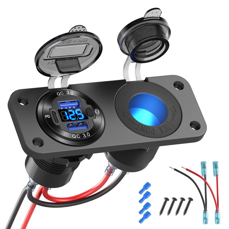 Hapytrip 12V USB Outlet Marine Switch Panel Plug, PD3.0 and Dual QC3.0 USB Ports Aluminum Car Charger with LED Voltmeter Power Switch, Lighted 150W Cigarette Lighter Socket 2 in 1 DIY Kit for Boat RV ATV, etc. - Image 1