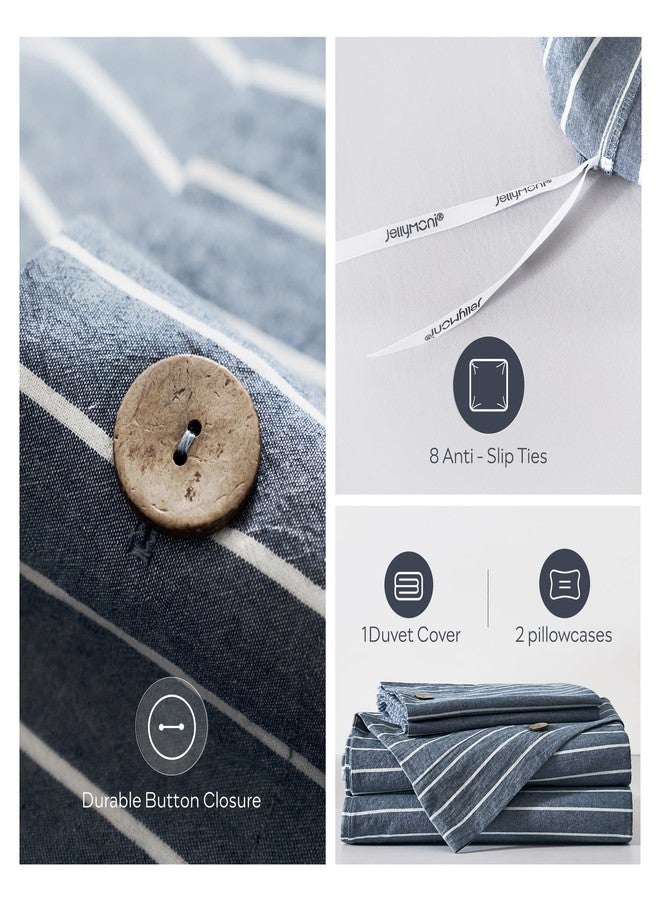 طقم غطاء لحاف من القطن المغسول من جيليموني، مقاس كوين - طقم مفروشات مريح وجيد التهوية للمنازل العصرية وغرف النوم وغرف الضيوف، غطاء لحاف أزرق مخطط بإغلاق بأزرار، غطاء لحاف واحد و2 غطاء وسادة. - Image 3