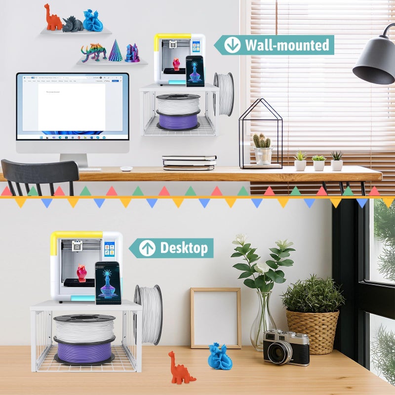 GIASSVIO Kids 3D Printer Stand with Filaments Storage, 2-Tier Mini 3D Desktop Printer Stand with Side Spool Holder, 3D Printer Desk Organizer with 2 Pack Acrylic Shelves for Beginners, Wall-Mountable, White - Image 2