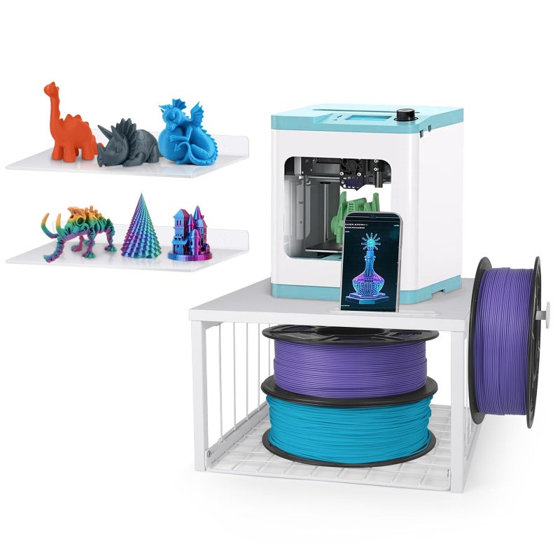 GIASSVIO Kids 3D Printer Stand with Filaments Storage, 2-Tier Mini 3D Desktop Printer Stand with Side Spool Holder, 3D Printer Desk Organizer with 2 Pack Acrylic Shelves for Beginners, Wall-Mountable, White - Image 1
