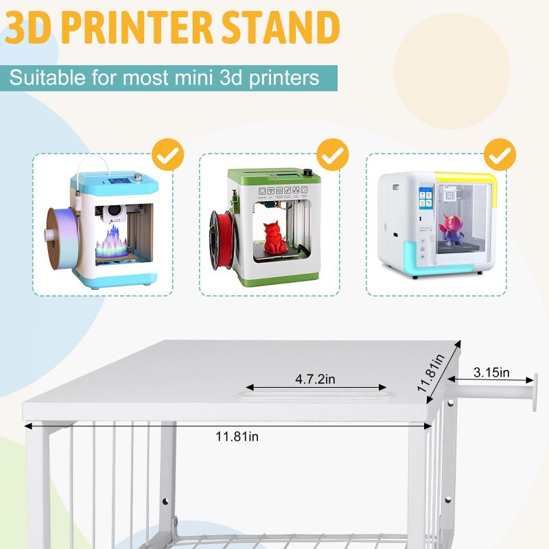 GIASSVIO Kids 3D Printer Stand with Filaments Storage, 2-Tier Mini 3D Desktop Printer Stand with Side Spool Holder, 3D Printer Desk Organizer with 2 Pack Acrylic Shelves for Beginners, Wall-Mountable, White - Image 3