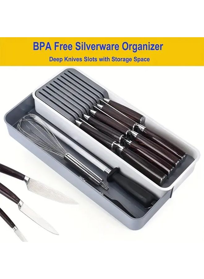 1 Pack Expandable And Adjustable Knife Block And Cutlery Drawer Organizer With 9 Slot Knife Holder ABS Plastic Stackable Trays For Utensils Spoons Knives Fits Drawers Space Saving Knife Tray System DIY Insert - Image 2