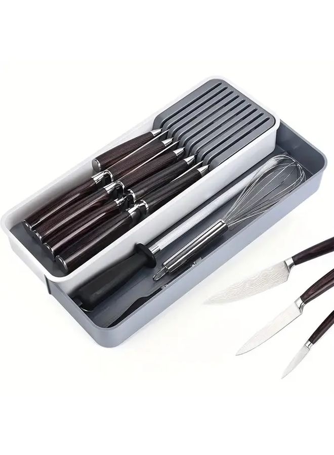 1 Pack Expandable And Adjustable Knife Block And Cutlery Drawer Organizer With 9 Slot Knife Holder ABS Plastic Stackable Trays For Utensils Spoons Knives Fits Drawers Space Saving Knife Tray System DIY Insert - Image 1