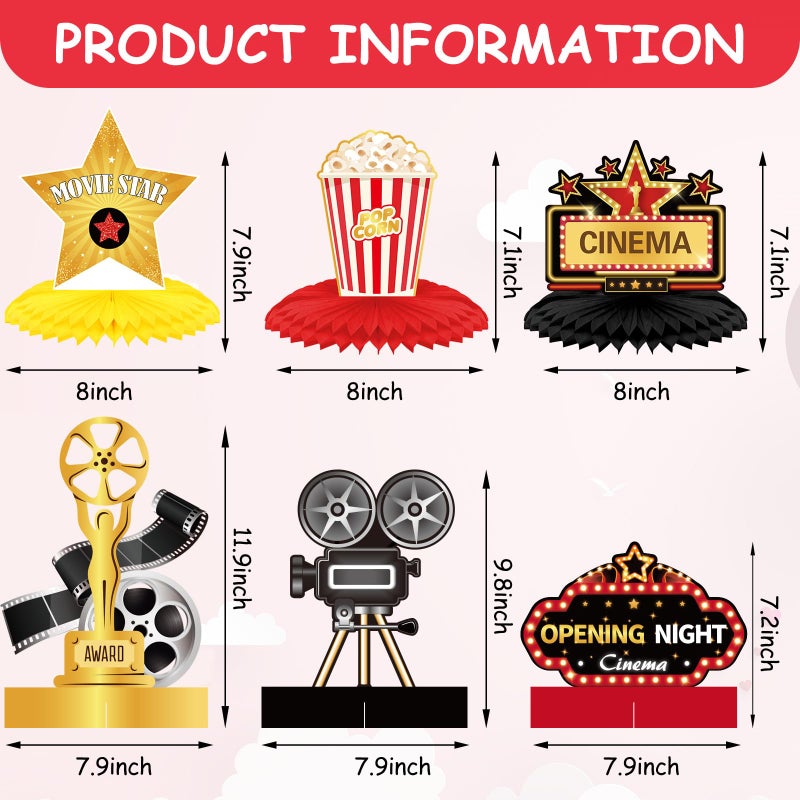 Chinco 12 Pieces Movie Night Party Decorations Supplies Movie Theater Honeycomb Centerpiece 3D Microphone Ticket Star Video Paper Centerpiece Sign Table Decoration for Theater Birthday Party Favors - Image 2