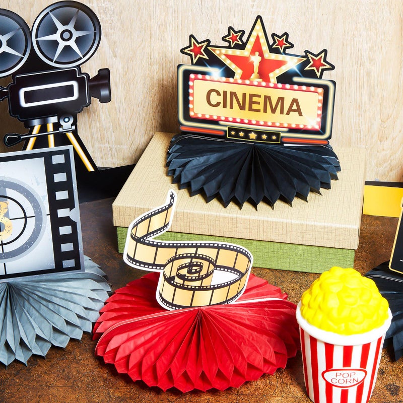 Chinco 12 Pieces Movie Night Party Decorations Supplies Movie Theater Honeycomb Centerpiece 3D Microphone Ticket Star Video Paper Centerpiece Sign Table Decoration for Theater Birthday Party Favors - Image 3