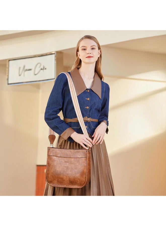 HKCLUF Crossbody Bags for Women Designer Leather Hobo Handbags With 2 Adjustable Leopard Guitar Strap Shoulder Bucket Bags, A1-brown - Image 2