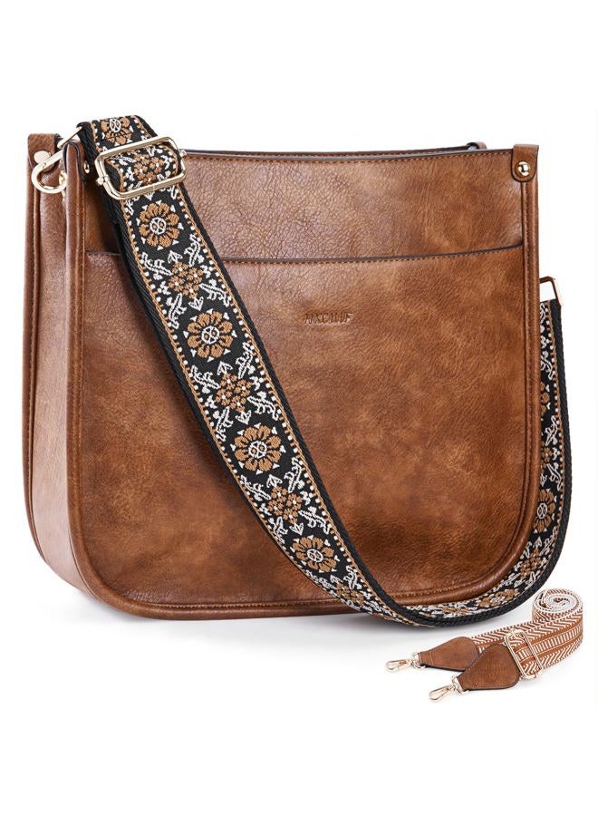 HKCLUF Crossbody Bags for Women Designer Leather Hobo Handbags With 2 Adjustable Leopard Guitar Strap Shoulder Bucket Bags, A1-brown - Image 1