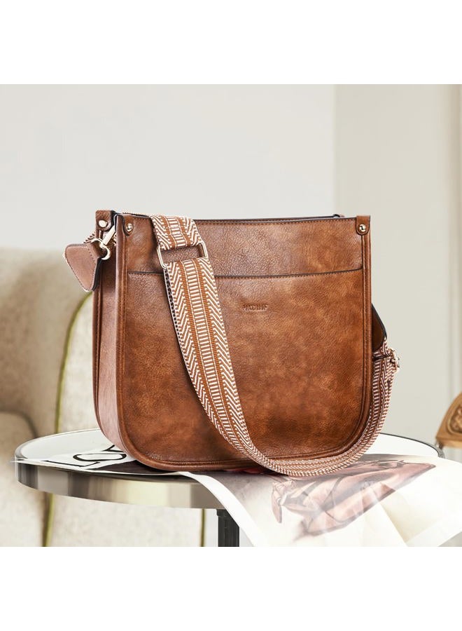 HKCLUF Crossbody Bags for Women Designer Leather Hobo Handbags With 2 Adjustable Leopard Guitar Strap Shoulder Bucket Bags, A1-brown - Image 3