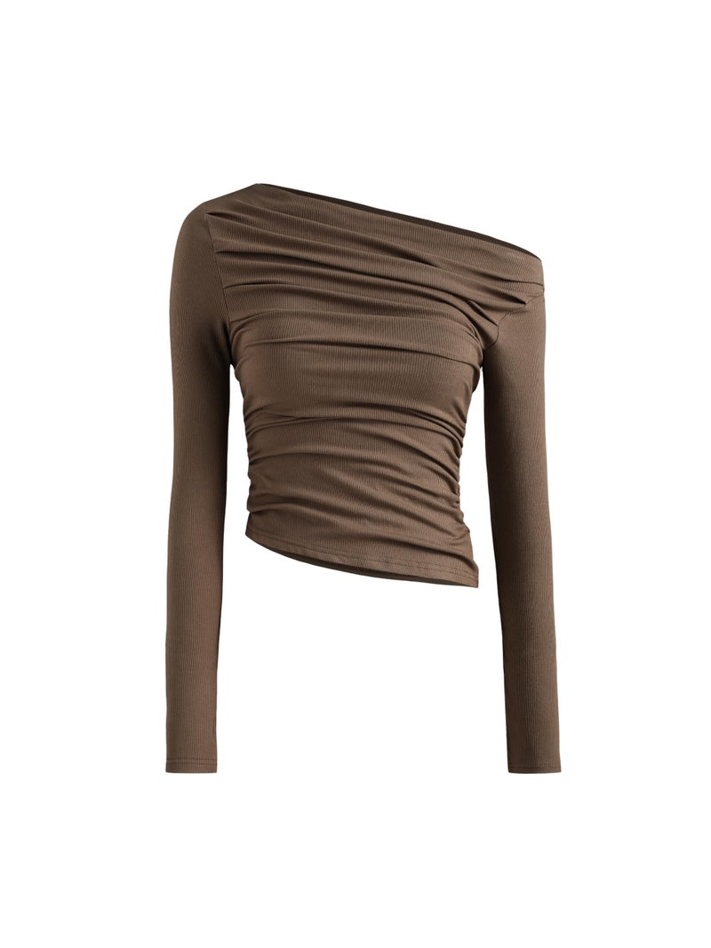 CIDER Women's Asymmetrical Top Off The Shouler Long Sleeve Shirts Ruched Going Out Crop Tops: Brown, XL - Image 1