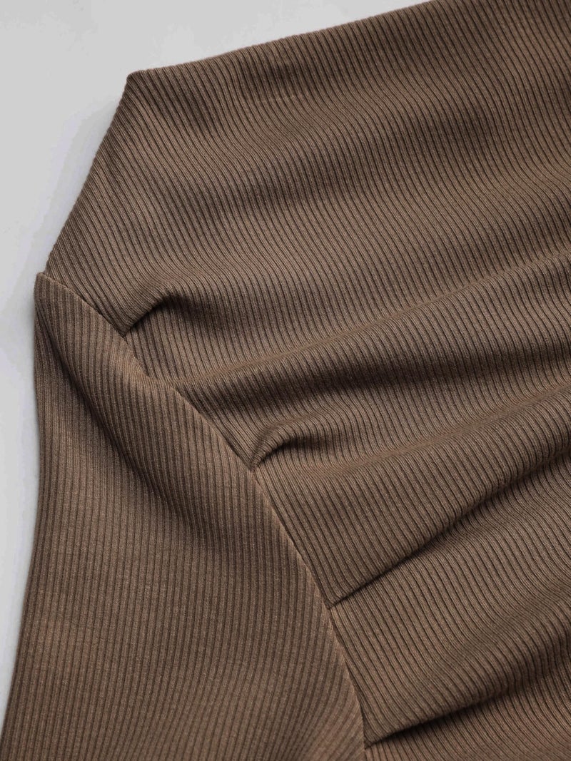 CIDER Women's Asymmetrical Top Off The Shouler Long Sleeve Shirts Ruched Going Out Crop Tops: Brown, XL - Image 2