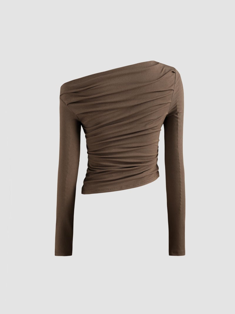 CIDER Women's Asymmetrical Top Off The Shouler Long Sleeve Shirts Ruched Going Out Crop Tops: Brown, XL - Image 5