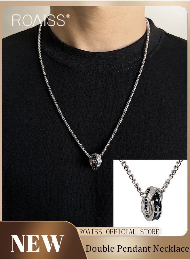 roaiss Titanium Steel Black & White Double Ring Necklace For Men, Unique Design Streetwear Neck Chain, High-end Luxury Pendant For Gentlemen  - Image 1