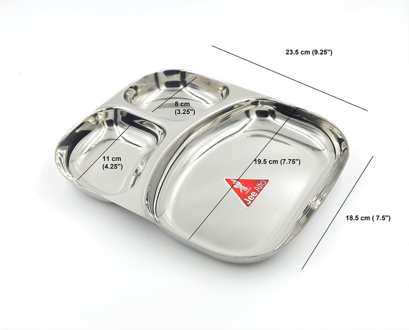 JEE ALTO 20 Gauge Heavy Duty 2 in 1 Stainless Steel Kitchen and Dining Round Deep Compartment Divided Plate/Thali/Mess Tray Set, 23.5 x 19 x 2.6 cm, Silver_Set of 4 - Image 4