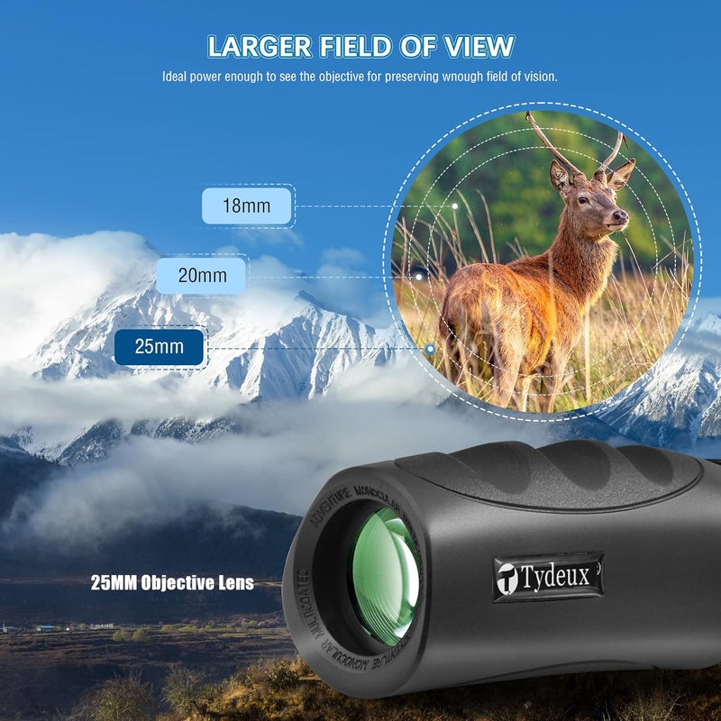 Tydeux Waterproof Compact Monocular - 10x25 Small High Powered Telescope Monoculars - Comes with Cleaning Cloth, Case & Neck Strap, Black - Image 3