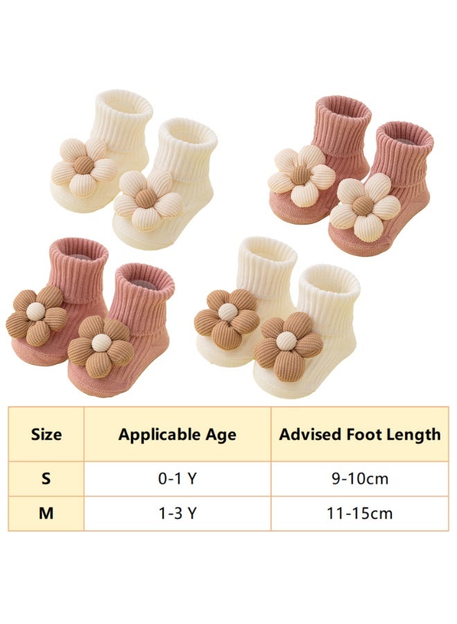 4 Pairs Toddler Flower Socks with Non-Slip Grippers for Baby Boys and Girls,S(0-1 Y) - Image 3