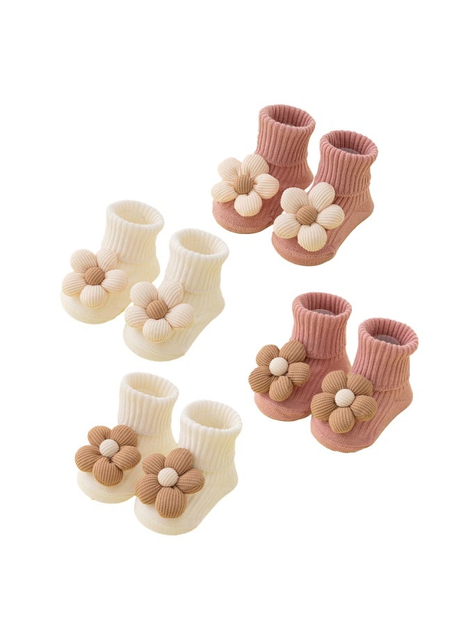 4 Pairs Toddler Flower Socks with Non-Slip Grippers for Baby Boys and Girls,S(0-1 Y) - Image 2