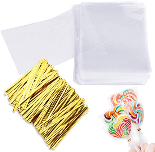 Augshy Cake Pop Bags, 300 Pcs Cellophane Treat Bags 3x5 with 300 Twist Ties 1.4 mils Thickness OPP Plastic Bags for Lollipop Candy Chocolate Cookie Wrapping Buffet - Image 1