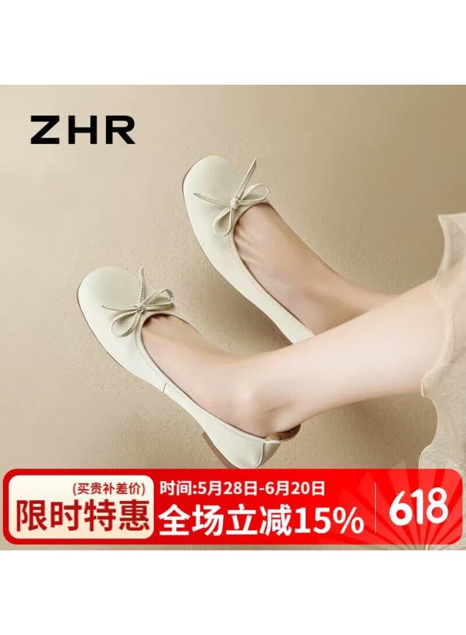 Zhr Women's Flats With Bow, Soft Flat Sole Loafers, Elegant Shallow-mouth Cream Oxfords For Women, Bk105 Beige Size 35 - Image 1
