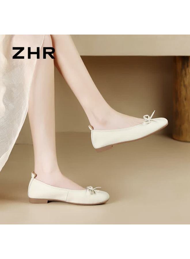 Zhr Women's Flats With Bow, Soft Flat Sole Loafers, Elegant Shallow-mouth Cream Oxfords For Women, Bk105 Beige Size 35 - Image 4