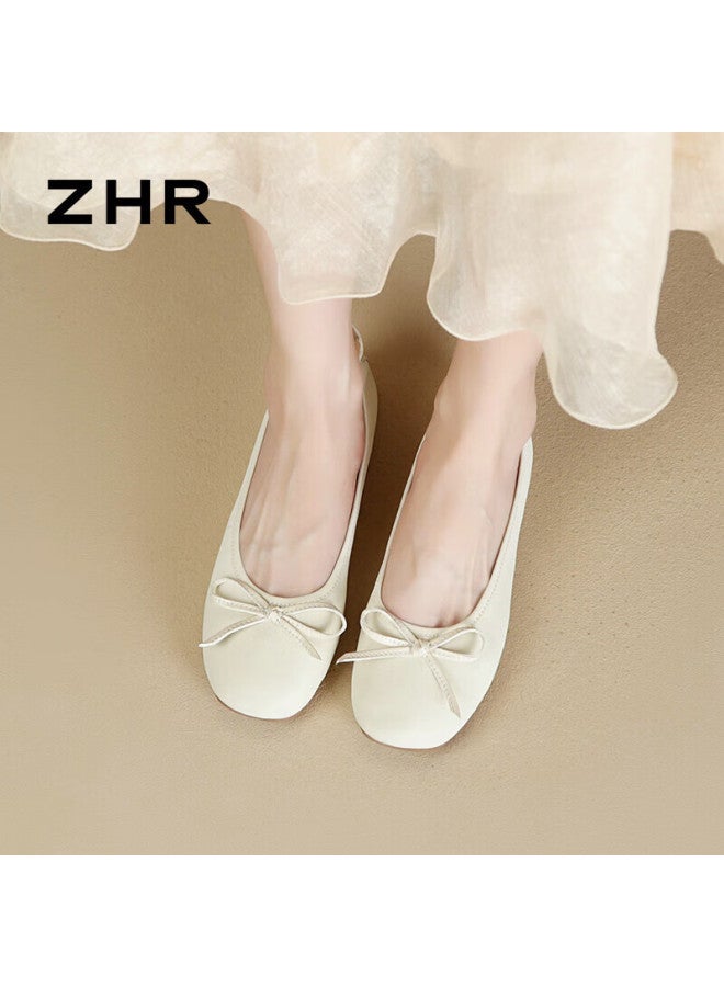 Zhr Women's Flats With Bow, Soft Flat Sole Loafers, Elegant Shallow-mouth Cream Oxfords For Women, Bk105 Beige Size 35 - Image 3