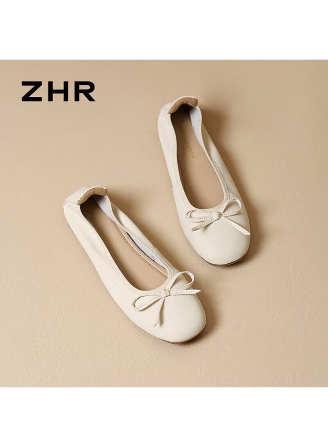 Zhr Women's Flats With Bow, Soft Flat Sole Loafers, Elegant Shallow-mouth Cream Oxfords For Women, Bk105 Beige Size 35 - Image 5