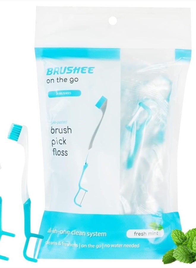 Brushee The Evolution of Oral Care | 3-in-1 Tool (Pre-Pasted Mini-Brush + Floss + Pick) | Individually Wrapped | Disposable | Prepasted Travel Toothbrushes | Small Adult Toothbrush - (24-Pack) - Image 1
