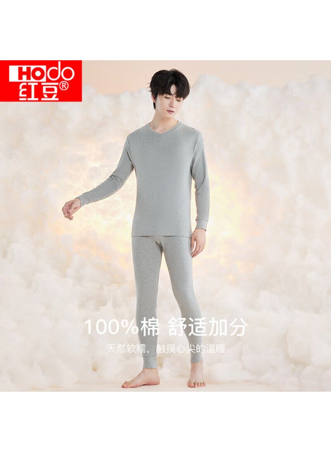 hongdou Hongdou Men's Pure Cotton Autumn Underwear Set, V-neck Thin Thermal Underwear, Light Heather Gray  - Image 1