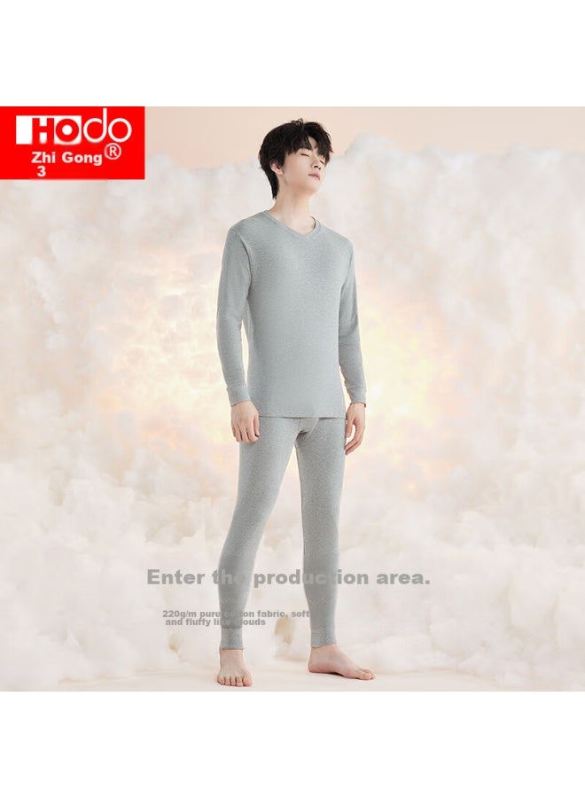 hongdou Hongdou Men's Pure Cotton Autumn Underwear Set, V-neck Thin Thermal Underwear, Light Heather Gray  - Image 3