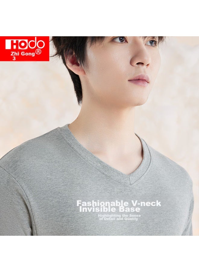 Hongdou Men's Pure Cotton Autumn Underwear Set, V-neck Thin Thermal Underwear, Light Heather Gray