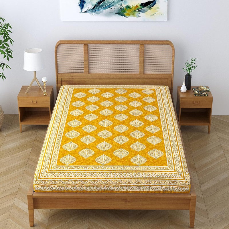SheetKart Folk FloralCotton Jaipuri Printed Bedsheet for Single Bed Traditional Ethnic Bed Cover Butter Yellow144 TC - Image 4